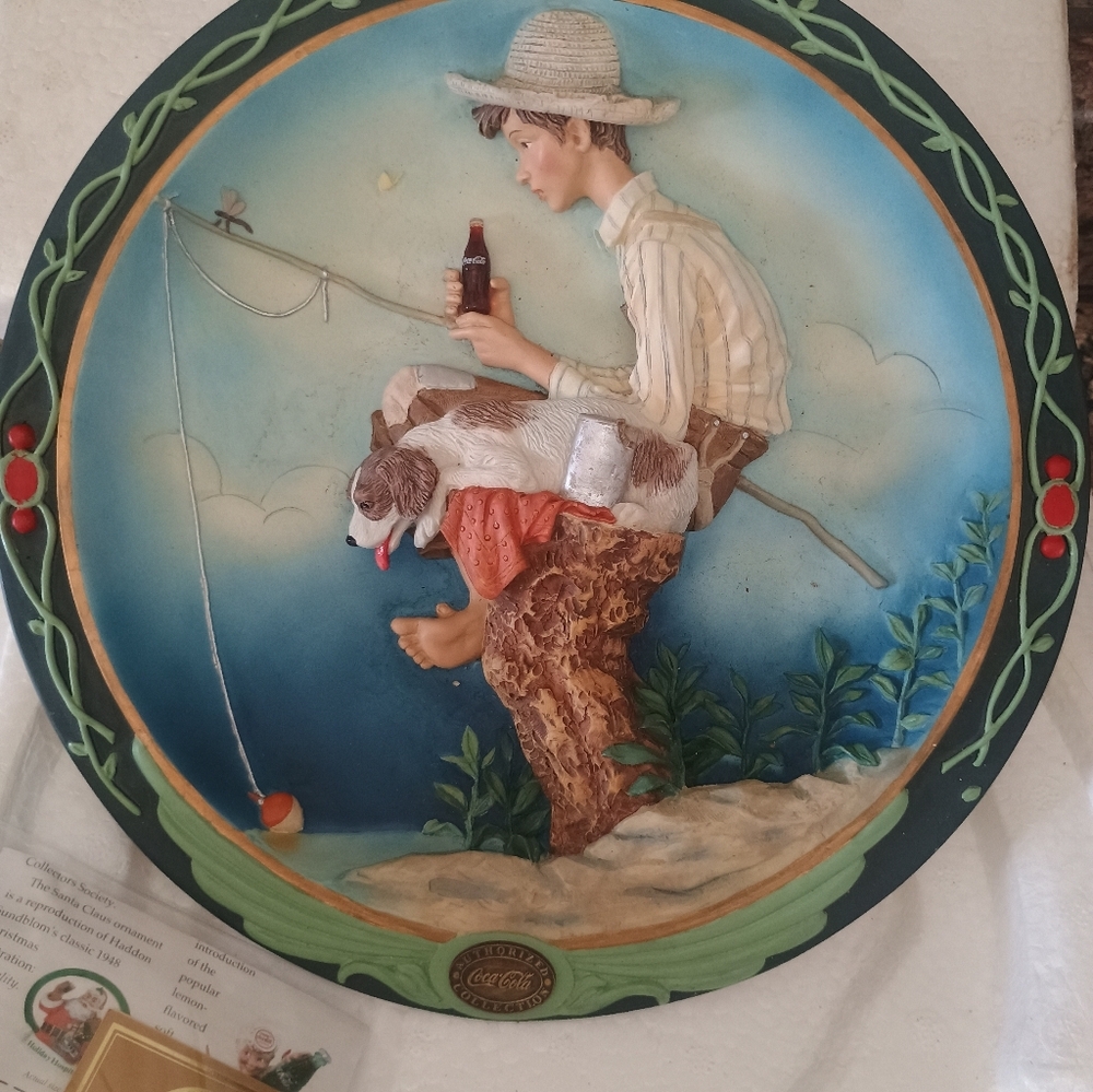 Norman Rockwell Out Fishin Coca Cola Commemorative Edition Plate. With COA